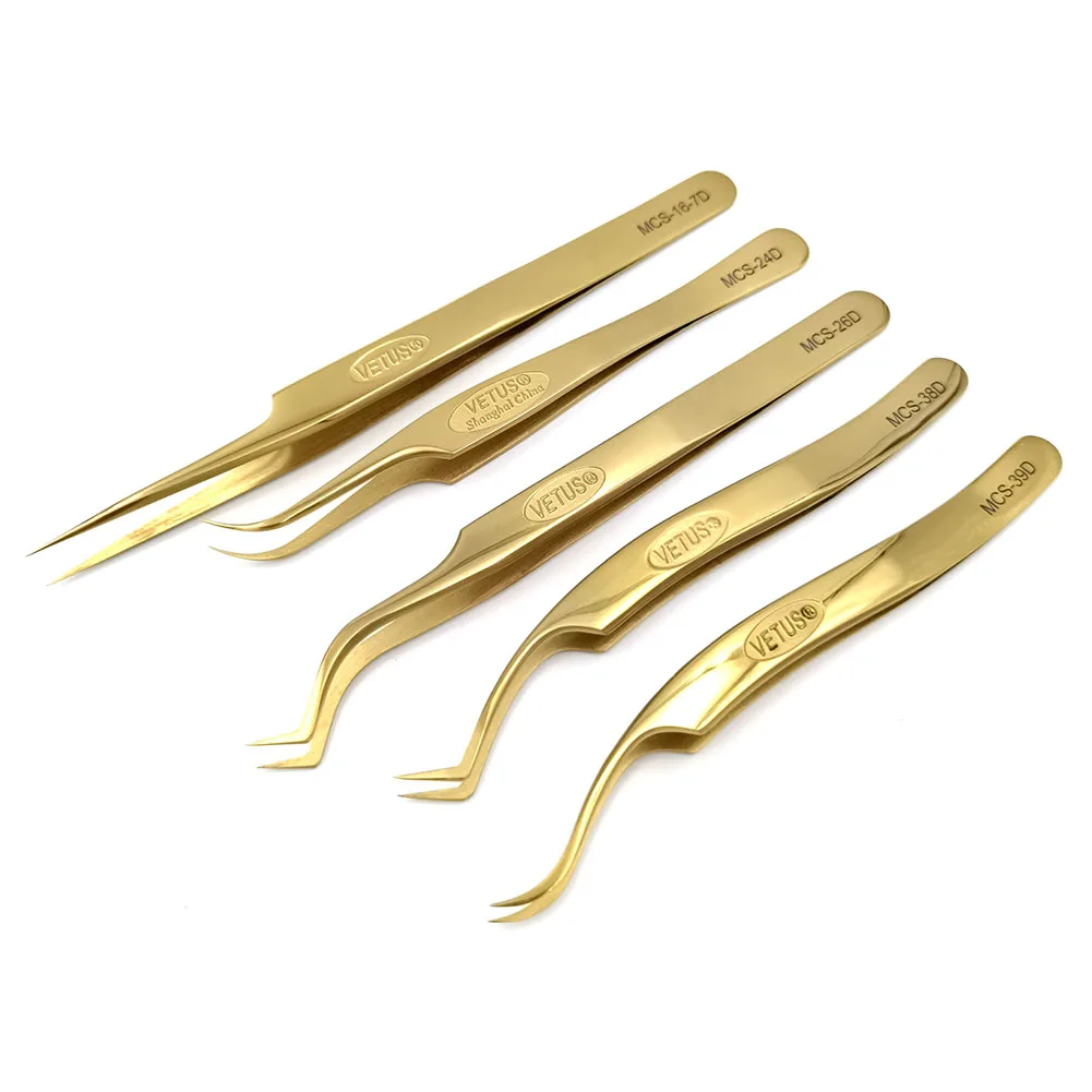 

Pack of 5 pieces Vetus MCS Tweezers New Model Professional Beauty Tools for Eyelash Extension with Plastic Storage Box