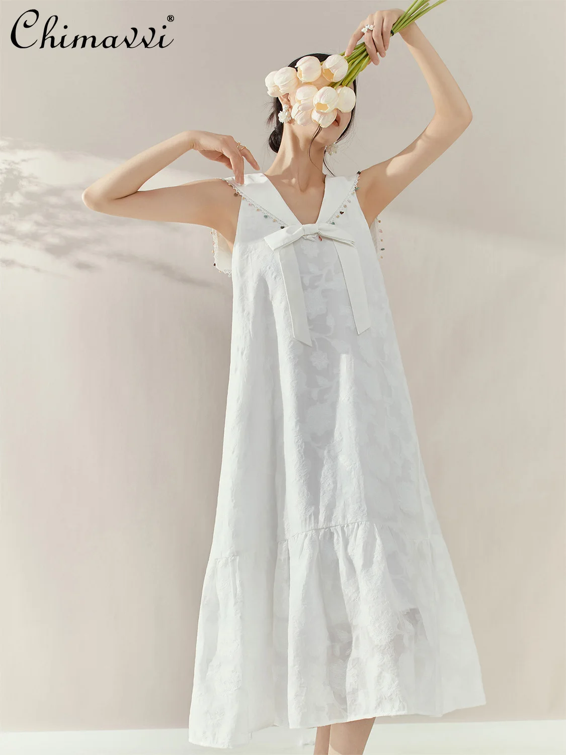 

French Elegant Temperament Casual Summer Dresses Navy Collar Bow Sleeveless Loose A-line Fairy Vacation Style Long Dress Women