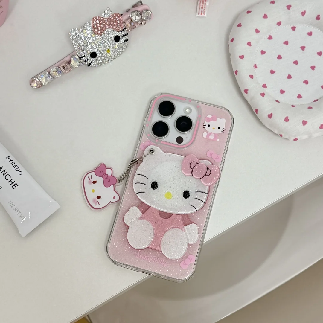 Kawaii الكرتون مرحبا كيتي رئيس KT الدورية مرآة جراب هاتف آيفون 16 15 14 برو ماكس بريق للصدمات سيليكون غطاء ناعم