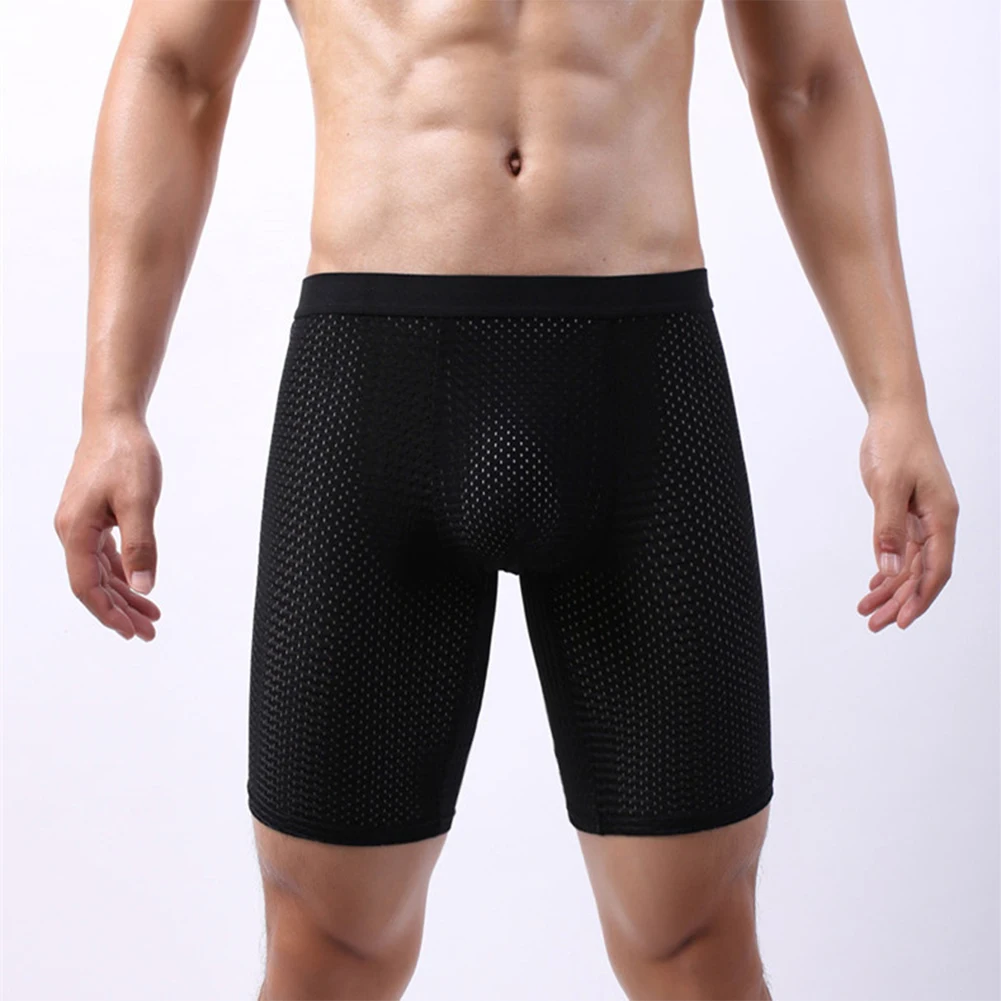 Men Ice Silk Long Leg Boxer Shorts Mesh Underwear Breathable Underpants Quick Dry Lengthening Wear Resistant Boxers Briefs