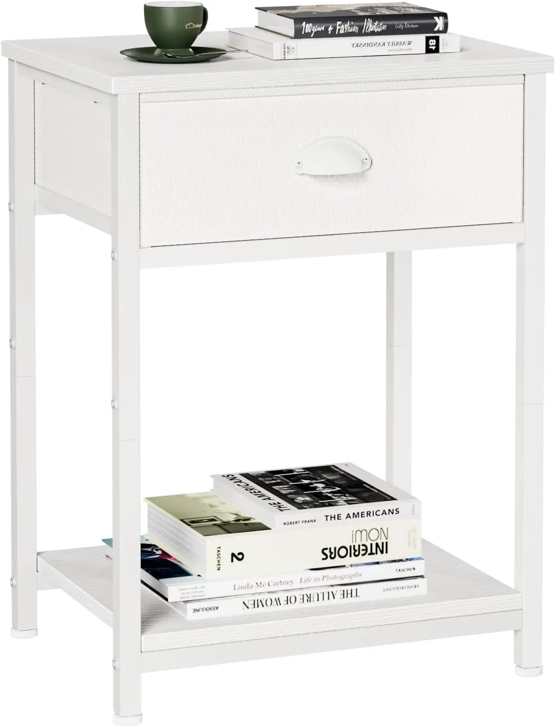 

White Nightstand with Fabric Drawer, Small Side Table for Small Spaces, 2 Tiers Storage Shelves End Table, Night Stand f