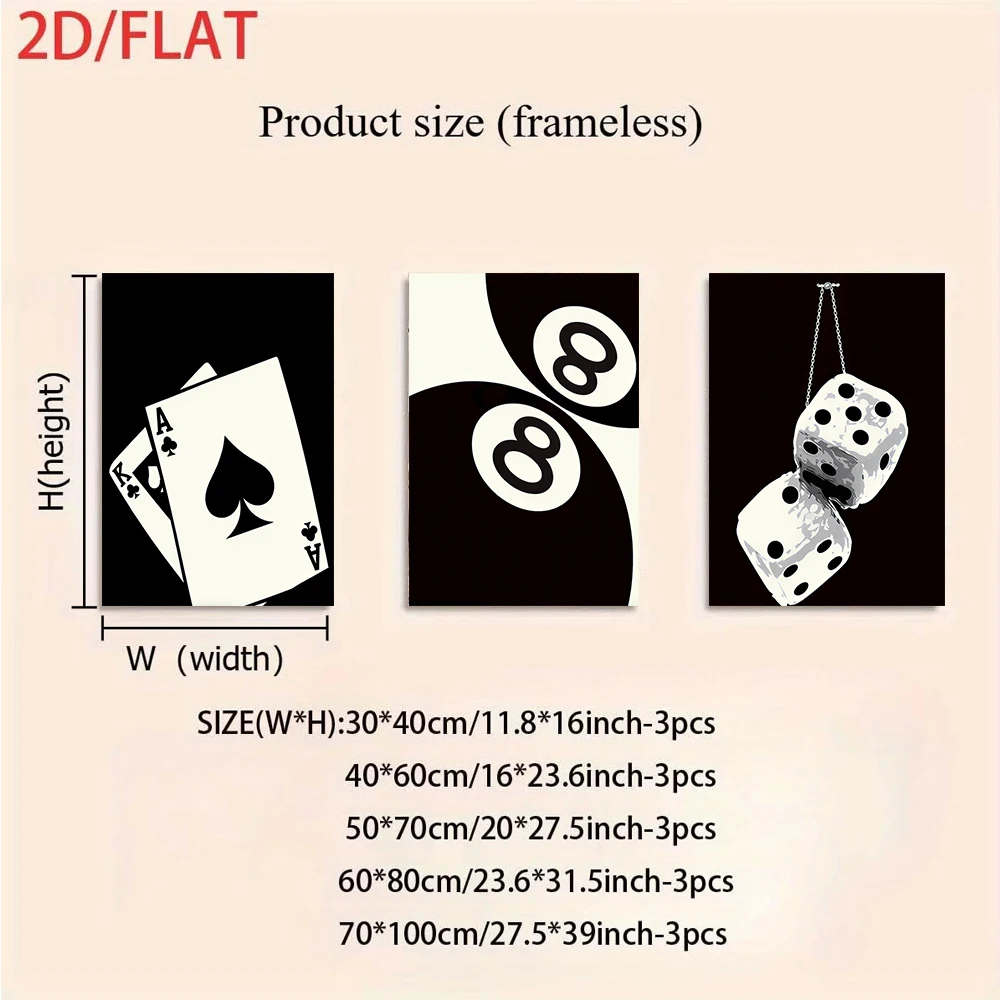 One set of black and white color-blocked three-panel frameless paintings featuring playing cards, size 8 balls, and dice in 2D.