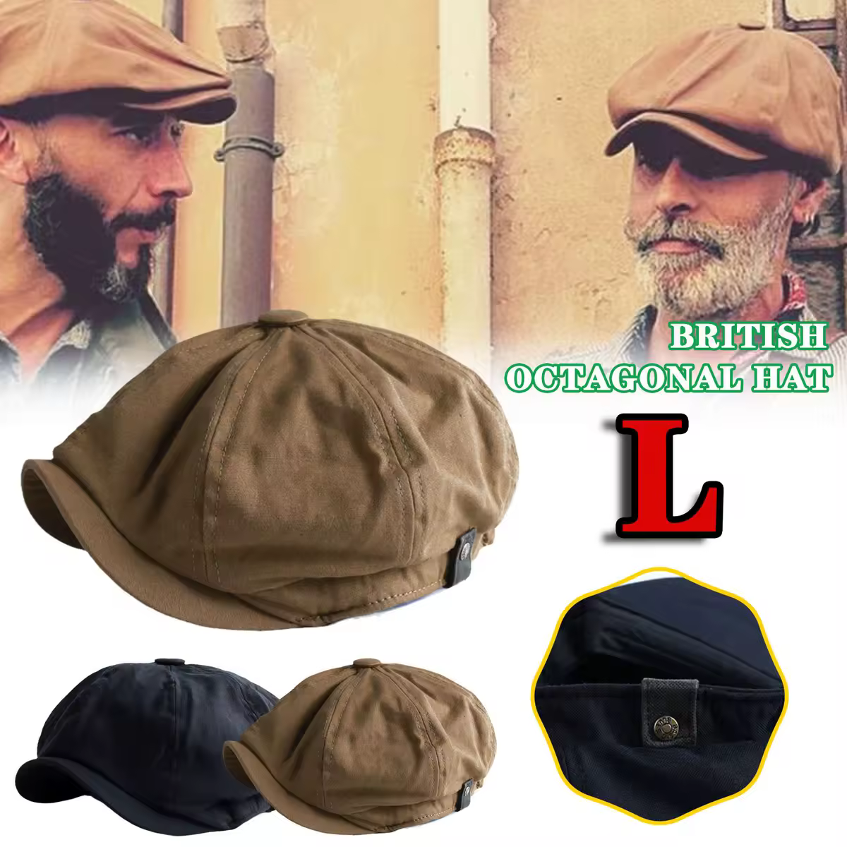 Gorra Retro de estilo británico para hombre, gorro Ascot de algodón, color caqui, Vintage, plano octogonal, para primavera y verano