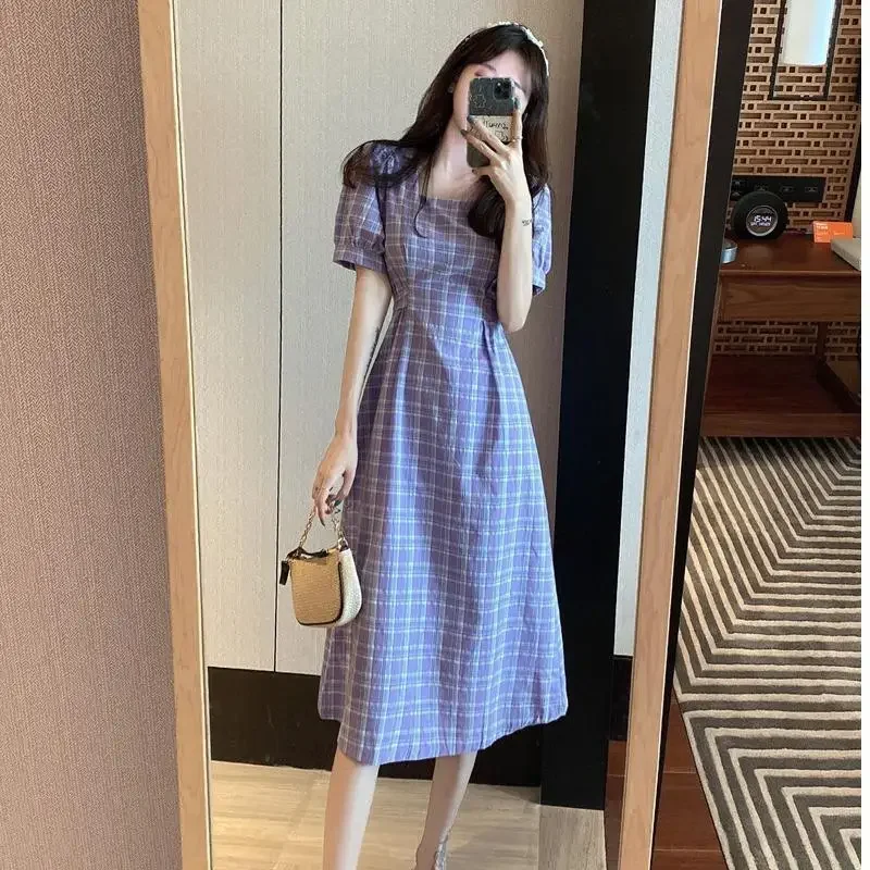 Kawaii Fairy Clothing Female Dresses 2024 Women's Dress Cute Midi Purple Plaid Sale Vintage Trendy Chic and Elegant Pretty Hot X