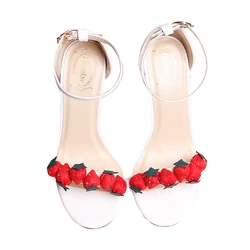 Sweet Style Strawberry String Sandals Open Toe One-button Ankle Strap Pu Leather Women Summer Hollow Pumps Student Daily Wear