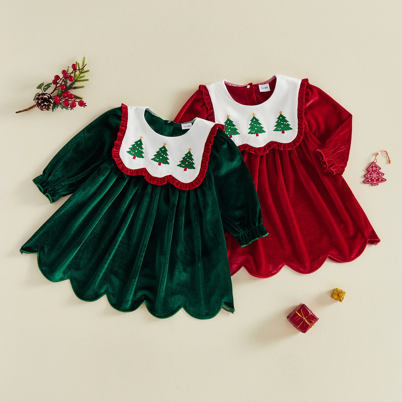 1-5Y Toddler Baby Girl Christmas Dress Embroidery Crew Neck Long Sleeve Velvet Xmas Dress Costume