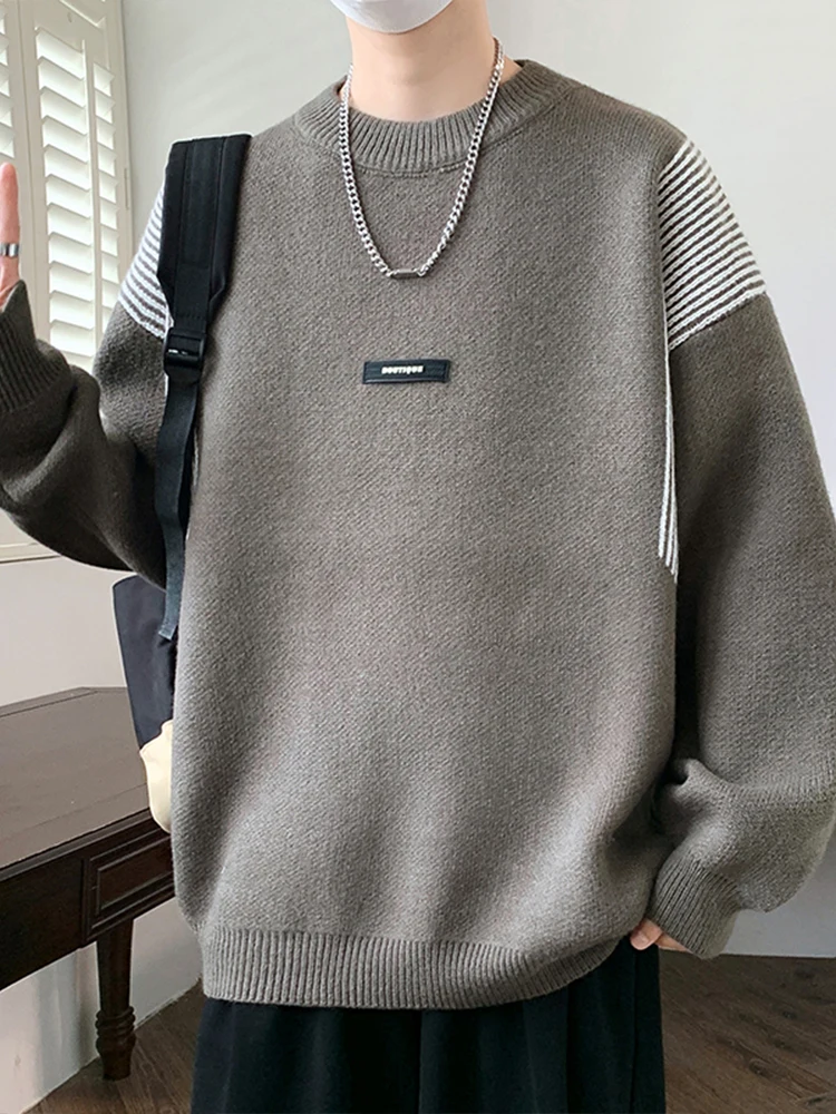 2025 Autumn Winter Gray Black Green White Round Neck Long Sleeve Striped Thickened Warm Loose Casual Knitted Sweater
