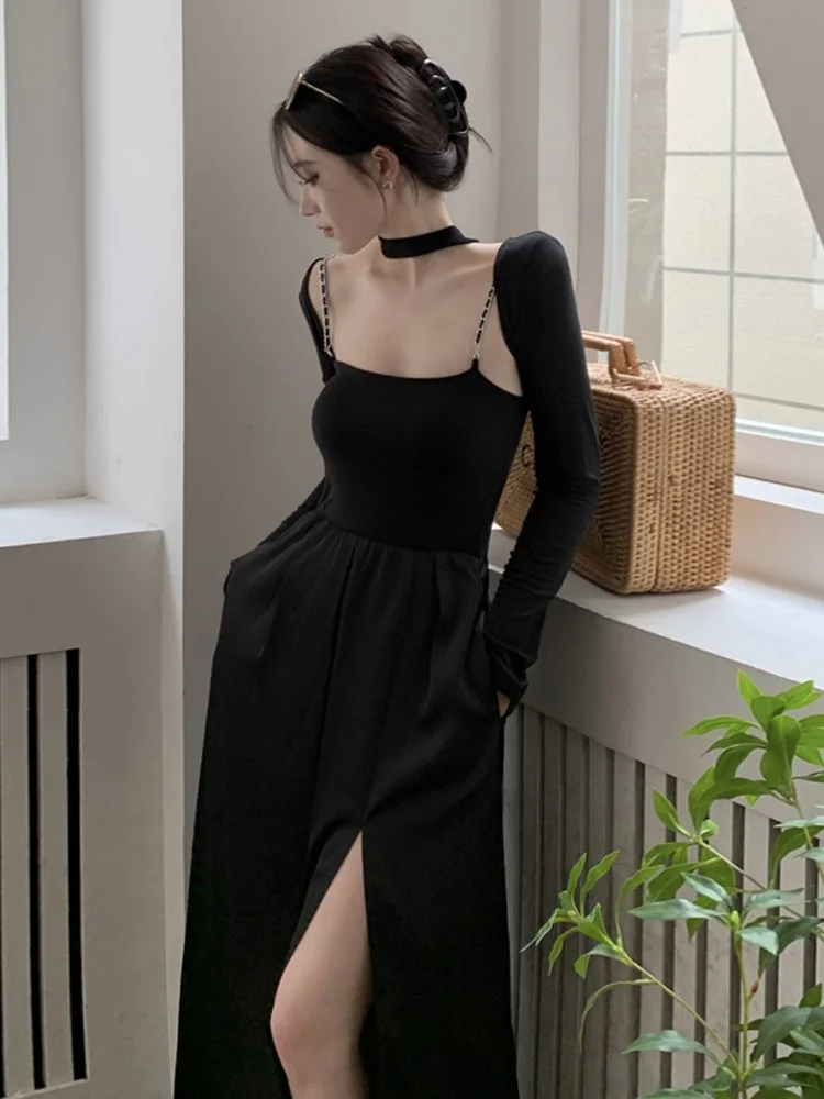 

Элегантный длинный черный сексуальный комплект из двух предметов с бретелями для женщин, подарок на день рождения, элитный роскошный комплект в стиле Хепберн, весна-осень