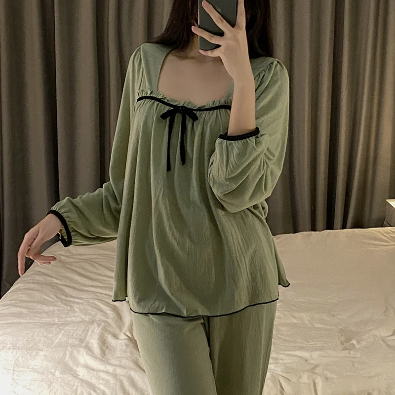 

Pajama women's spring and autumn Korean style one-line collar simple casual foam knitted cotton double long suit home clothes