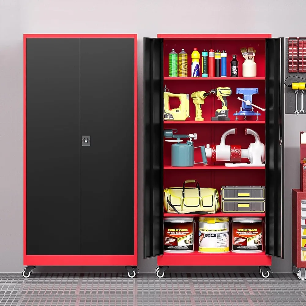 Gabinete de almacenamiento de metal con ruedas, gabinete de almacenamiento alto para garaje con 4 estantes ajustables y 2 puertas, gabinete de herramientas bloqueable para