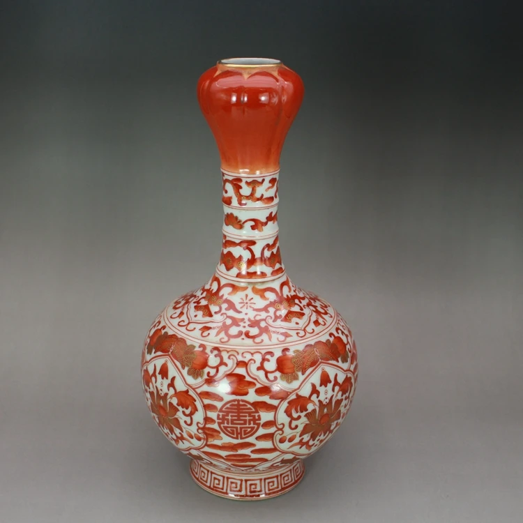 Vanadium Red Gold Decorated Garlic Vase Antique Hand-painted High-quality Antique Porcelain Vase