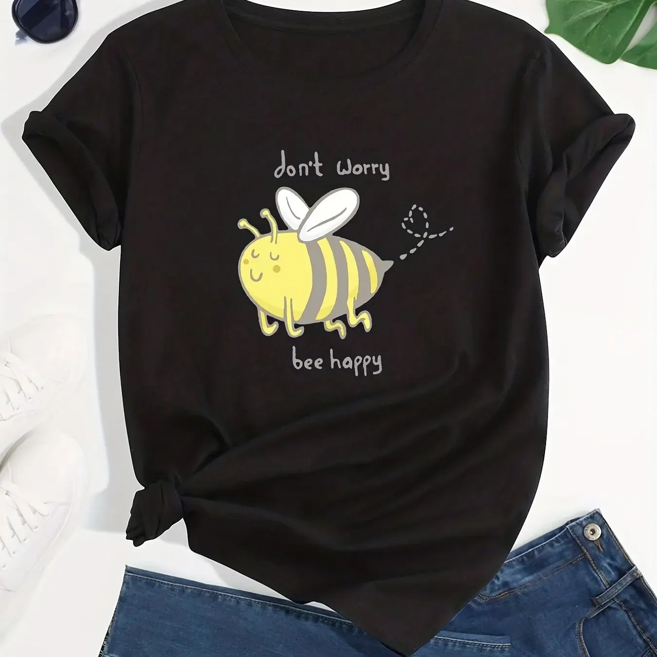 2026 Cartoon Bee Print Crew Neck Casual Short Sleeve for Spring Summer Women's Clothing Summer Short Sleeved Harajuku Streetwear