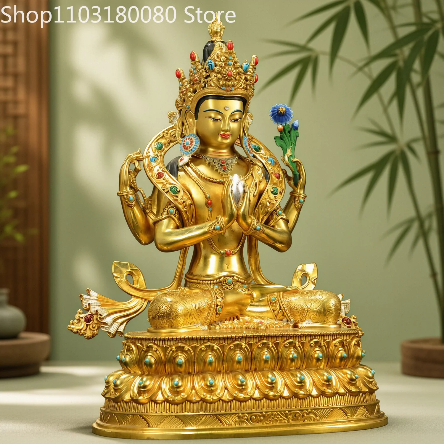 Brass Gilt Four-Armed Chenrezig Avalokiteshvara Guanyin Statue Tibetan Bodhisattva of Boundless Compassion Sculpture,30cm,21cm