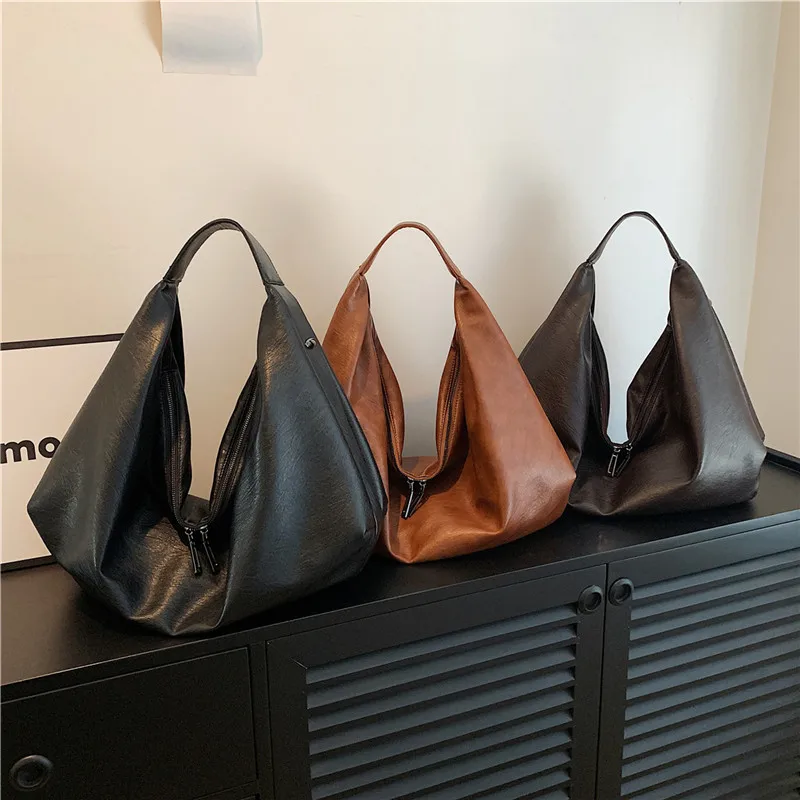 MOODS Vintage Shoulder Hobo Bags For Women Soft PU Leather Pure Color Large Capacity Shopping Totes 2024 Latest Fashion Handbags