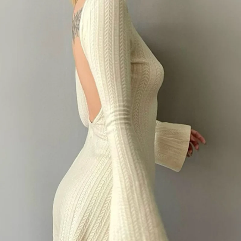 Miniskirt-Backless French Style Dress, Light Mature Style, Sexy U-neck, Close Edge, Long Sleeve, Slim, A Version, Ear Edge, Y2K