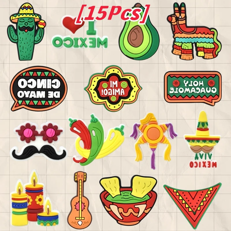 

15Pcs I Love Mexico Jalapeno Avocado Nacho PVC Shoe Buckle Charms Mi Amigo Slipper Decorations DIY Children Holiday Gift