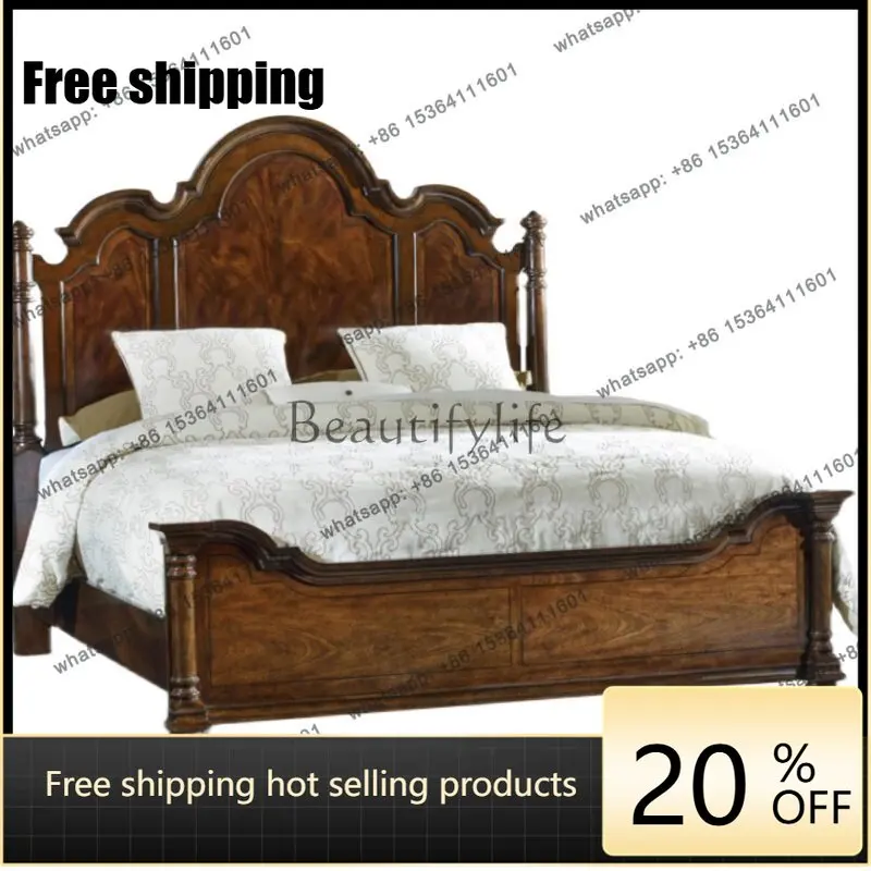 Zj. American rural retro full solid wood carving bed luxury villa imported high back bed