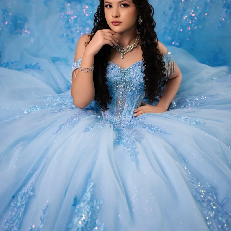 

Light Blue Quinceanera Dress off-shoulder Glitter Flower Beads Decal Long tail Bow vestidos de 15 Quinceanera ﻿Customize