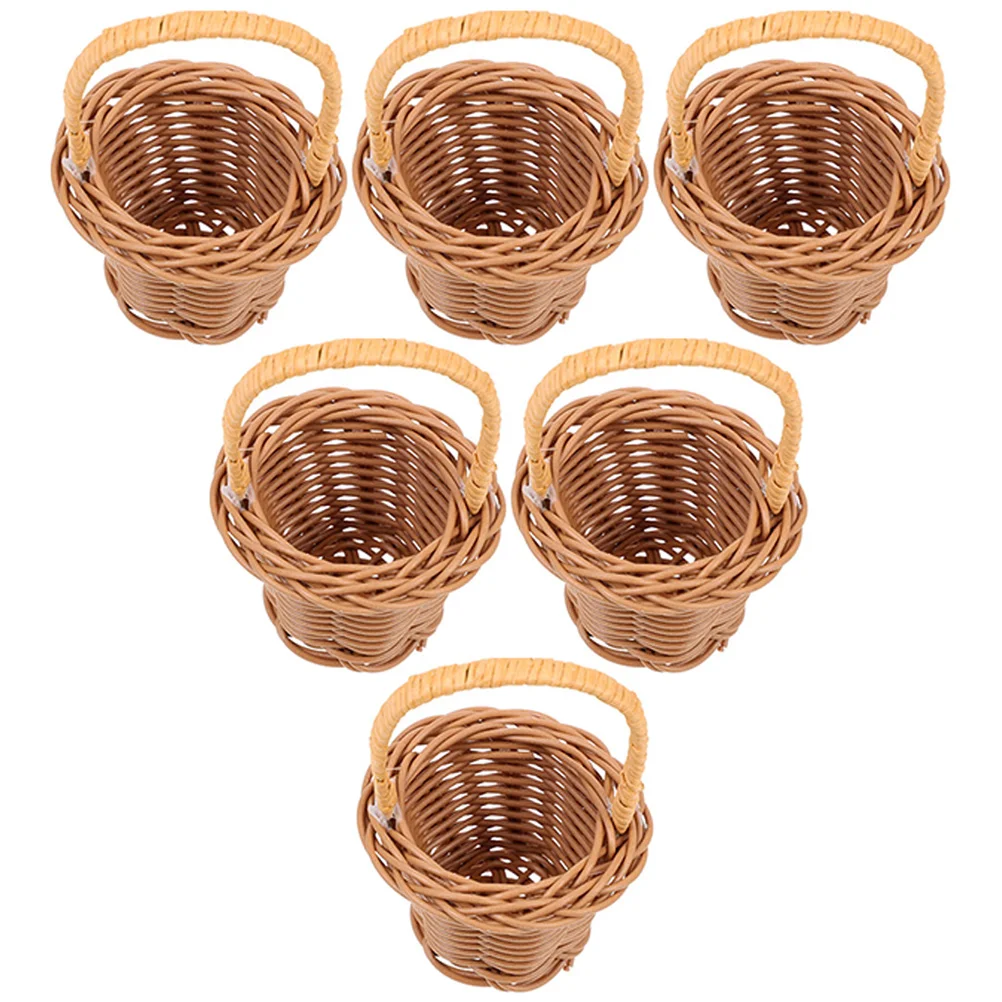 6 Pcs Handle Mini Woven Basket Wedding Party Decoration Small Candy Gift Micro Scene Miniature Flower Rattan