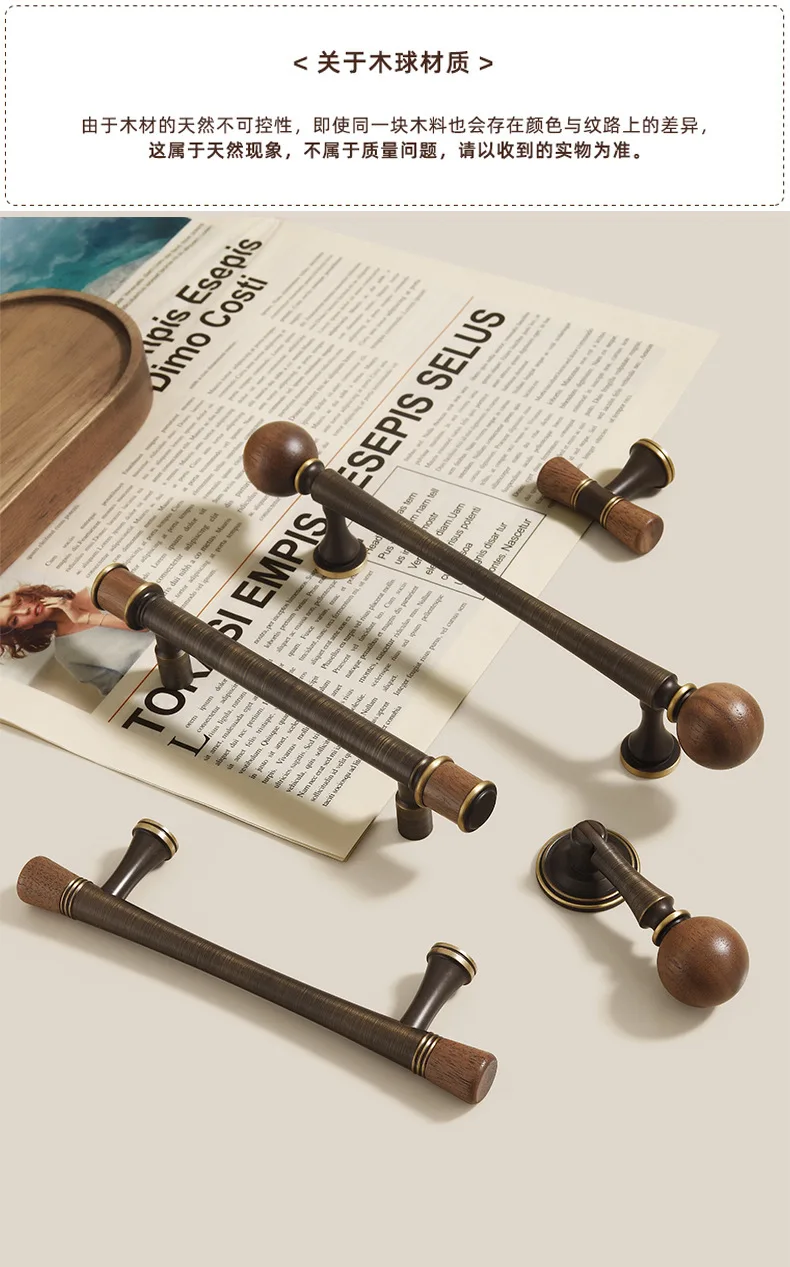 Vintage-Möbelgriff aus Messing, Retro-Schubladenknopf mit Einzelloch, Kleiderschranktürgriff aus Walnussholz, amerikanische Möbelgriffe – Detail 3