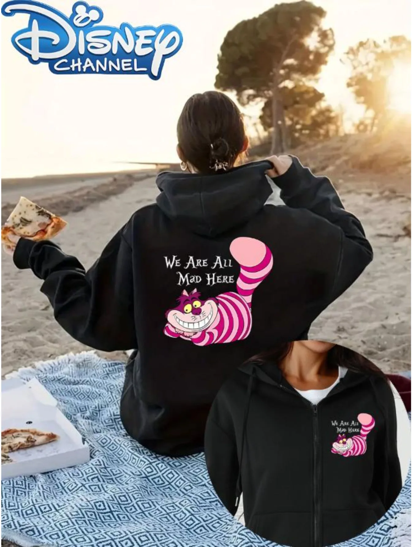 Nourriture d'anniversaire magique Disney pour femme - Chat Chasha "We Are All Mad Here", sweat-shirt à fermeture éclair, tenue décontracté pour les fans de la Fête et de Disney