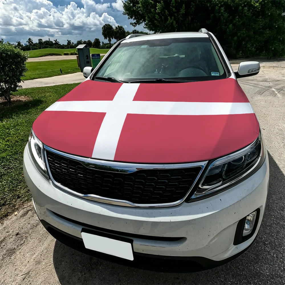 3.8x5.3ft Danish Realm Car Hood Cover Flag Swiss Confederation Car Bonnet Banner Elastic Fabrics Windproof Patriotic Automotive