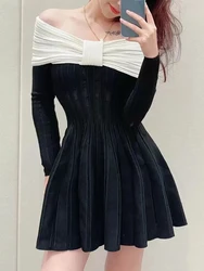 Black and white color collision bow embellishment knitted dress sexy strapless stretch slim short Womens dresses 2024 spring new