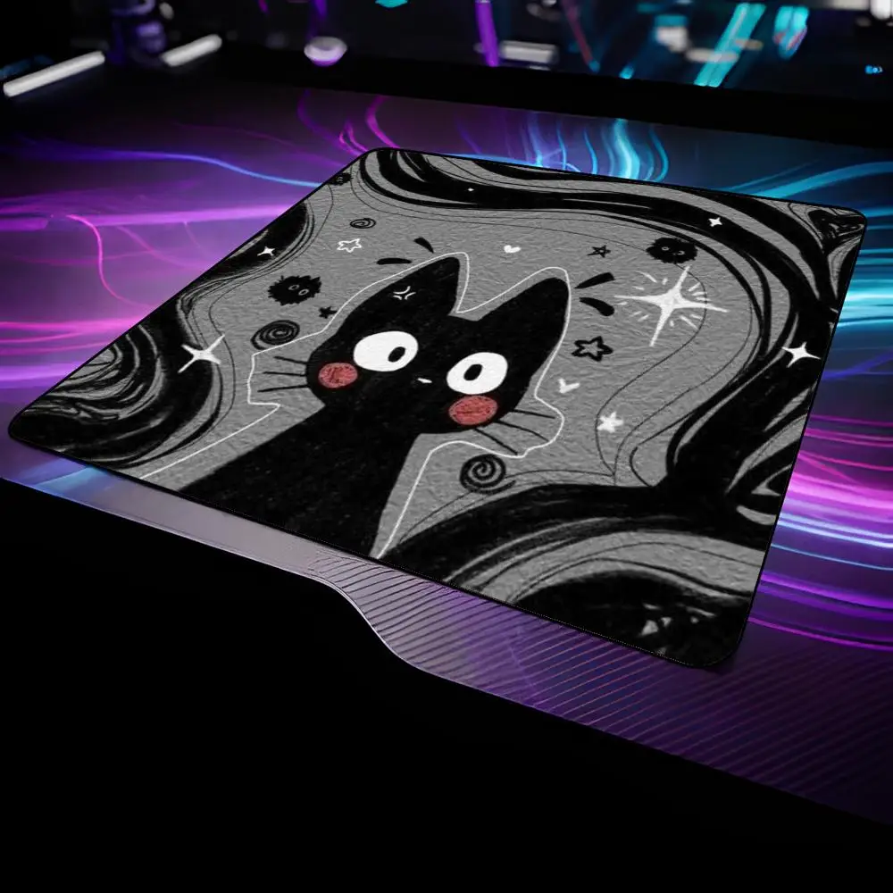 Medium Mouse Pad Cute Black Cat Cartoon Grey Swirl Graffiti Print Non Slip Rubber  Desk Mat Laptop Office Kawaii Aesthetic Decor