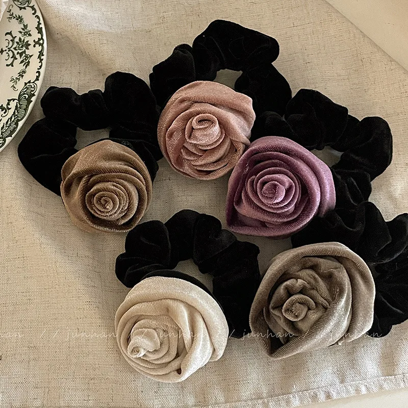 Handmade Velvet Rose Flower Large Intestine Hair Ring Tied-up Hair Rubber Headband Head Rope Women's Versatile Hair Accessories