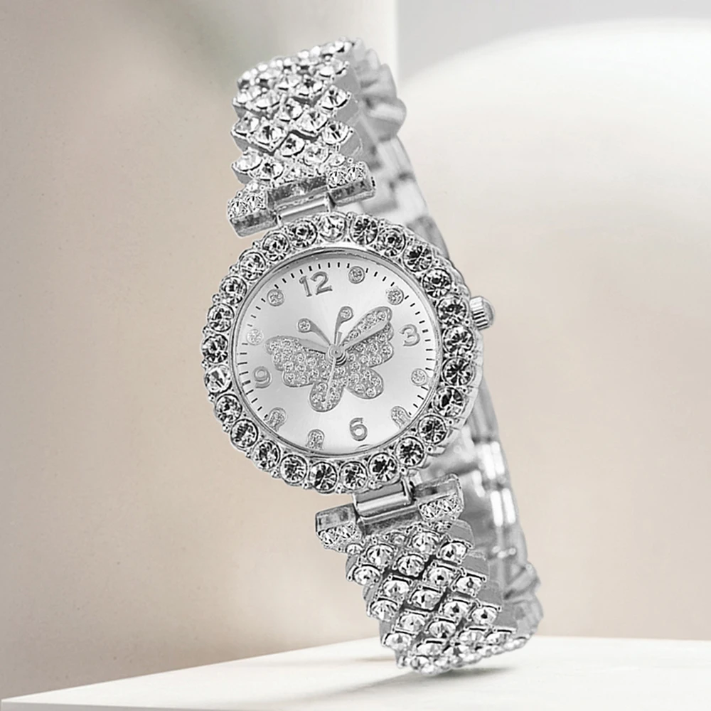 طقم ساعات نسائية فاخرة مكون من 5 قطع، عصري مع عنصر فراشة من حجر الراين، طقم سوار ساعة كوارتز هدية مثالية