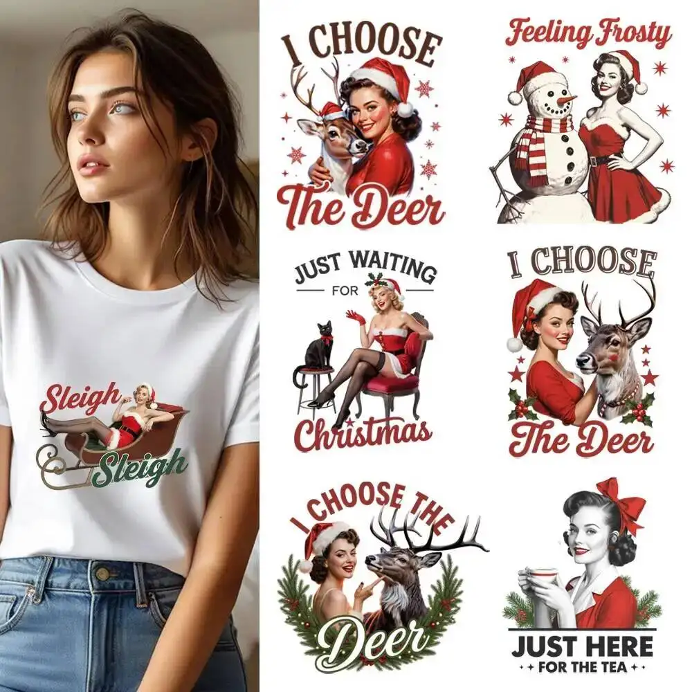 25CM Retro Girl Christmas Pin-up Lady Heat Transfer Patches For Clothes DIY A-Level Washable Shirt Iron-on Thermal Sticker