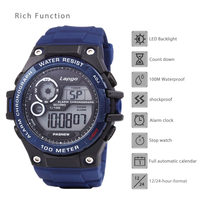 Fashion Men Digital Watch Big Dial Muti-function Diver Electronic Hand Clock Boy Waterproof Stopwatch Sport Wristwatches Male