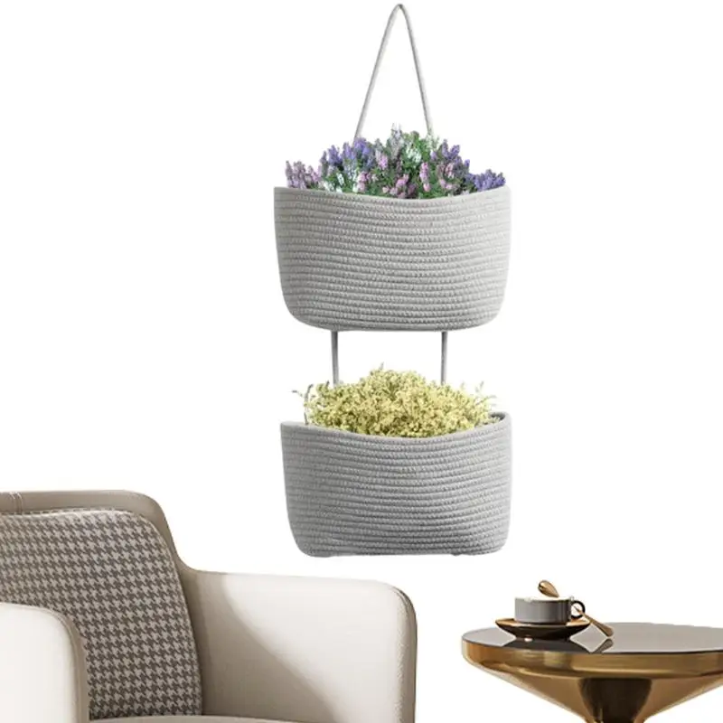 2 Tier Cotton Rope Woven Baskets 2-Tier Cotton Woven Hang Kitchen Baskets Cotton Wall-Mounted Storage Organizer Bag For Bedroom