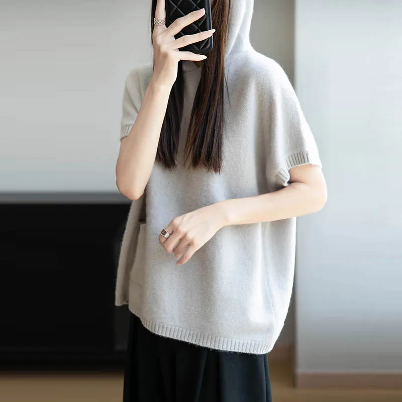 

Женский шерстяной свитер с коротким рукавом и капюшоном, осенне-зимний, 100% мериносовая шерсть, свободный трикотаж, женская одежда, жилет, рубашка, топ