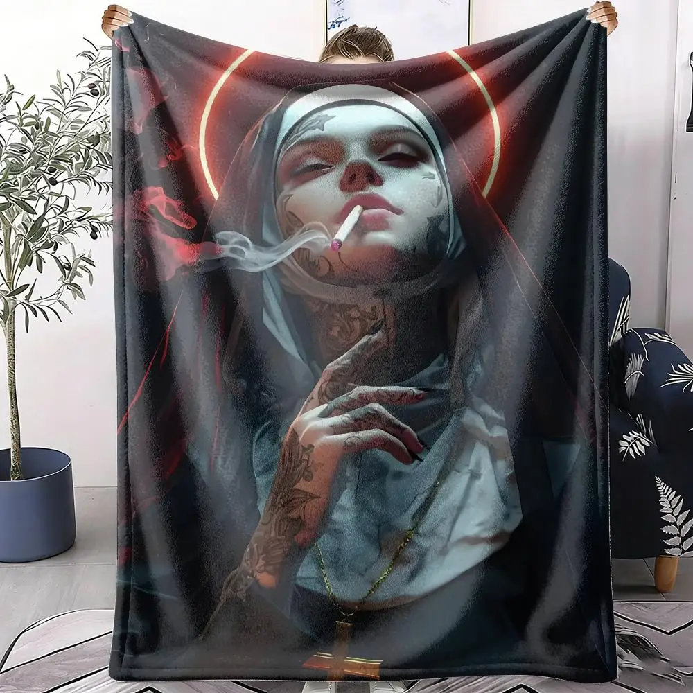 Nun with Tattoo and Halo Throw Soft Flannel Throw Summer AC Blanket Lightweight Cool Nap Blanket for Sofa Bed Couch Travel