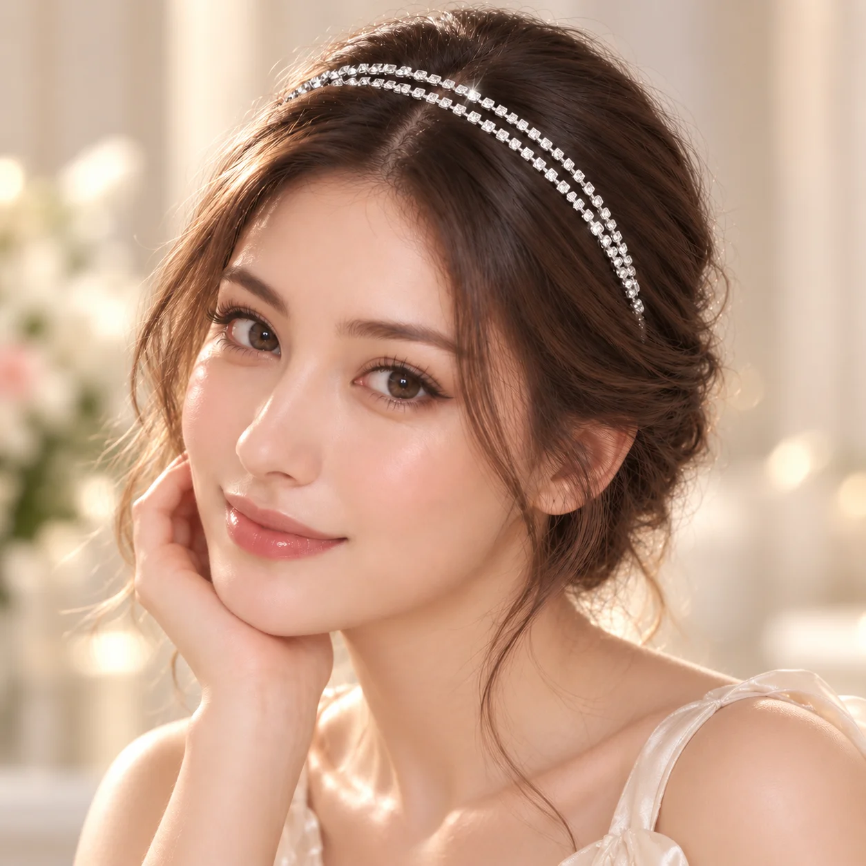 Women Fashion Photoshoot - Silver Double-Layer Rhinestone Headband for Women,