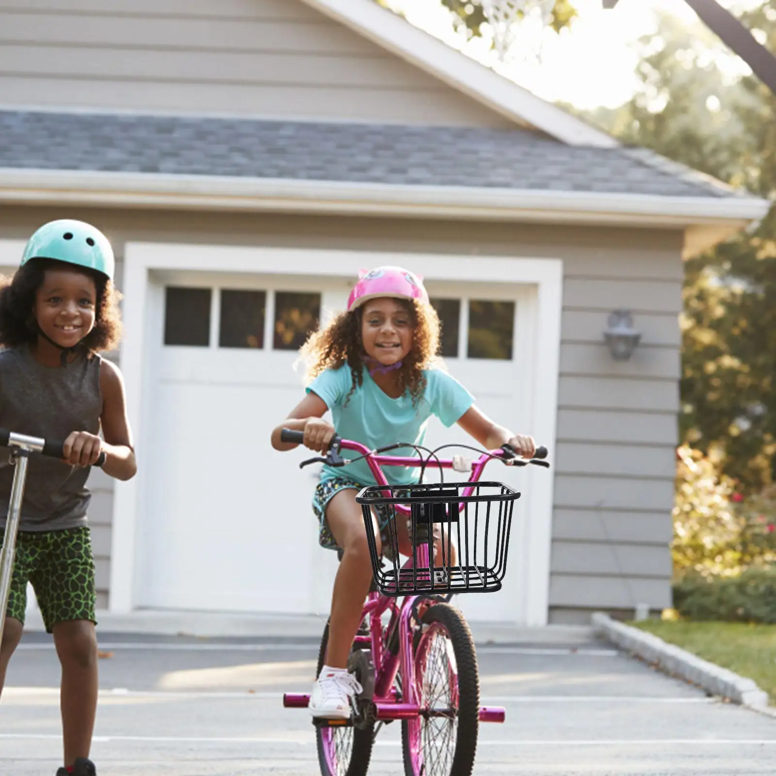 Remolque de bicicleta para niños, cesta de hierro para bicicleta, Scooters, contenedor delantero, manillar de motocicleta, negro