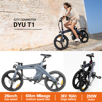 DYU T1 Folding electric bicycle, 250W motor，36V 10Ah battery, max speed of 25 km/h. It can provide a range of 60 kilometers.