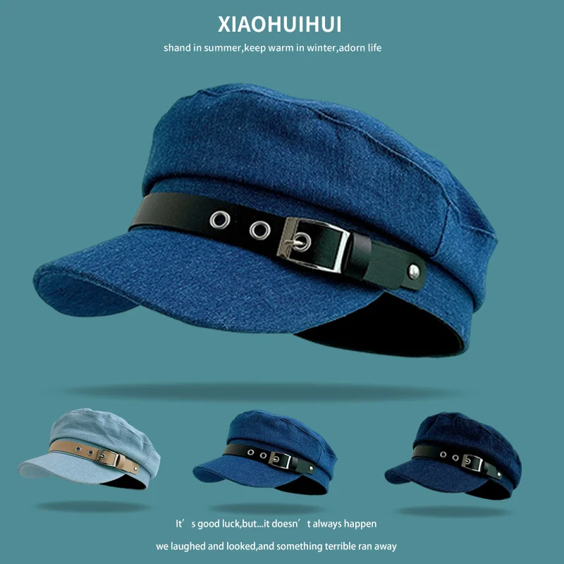 

Новый синий джинсовый берет с плоским верхом, женский весенне-осенний универсальный кожаный берет в стиле ретро с пряжкой в британском стиле, повседневная кепка газетчика