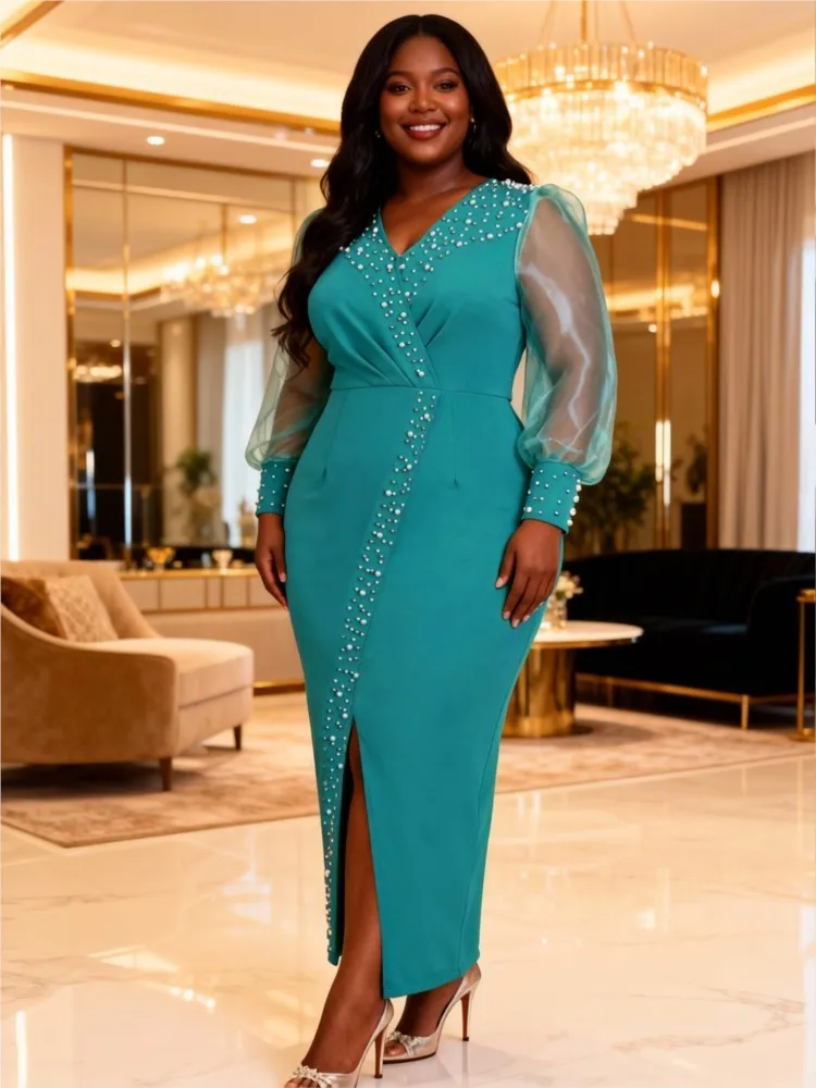 0XL-4XL Plus Size Women Clothes Dresses Elegant Evening Celibrity Clothes Robes Long Sleeve 3XL Big Size Midi Dress Oversized
