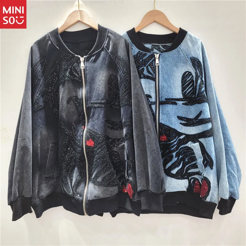 

Disney 2025 Autumn Baseball Jacket, Oversized Color Block Embroidery Denim Coat