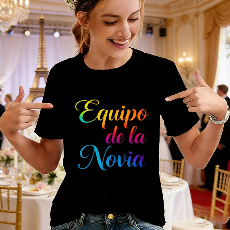 Spanish Team Bride Tribe Rainbow Gradient Graphic Tees, Bridal Shower Short Sleeve Tops Girls Bachelorette Hen Party Blouses