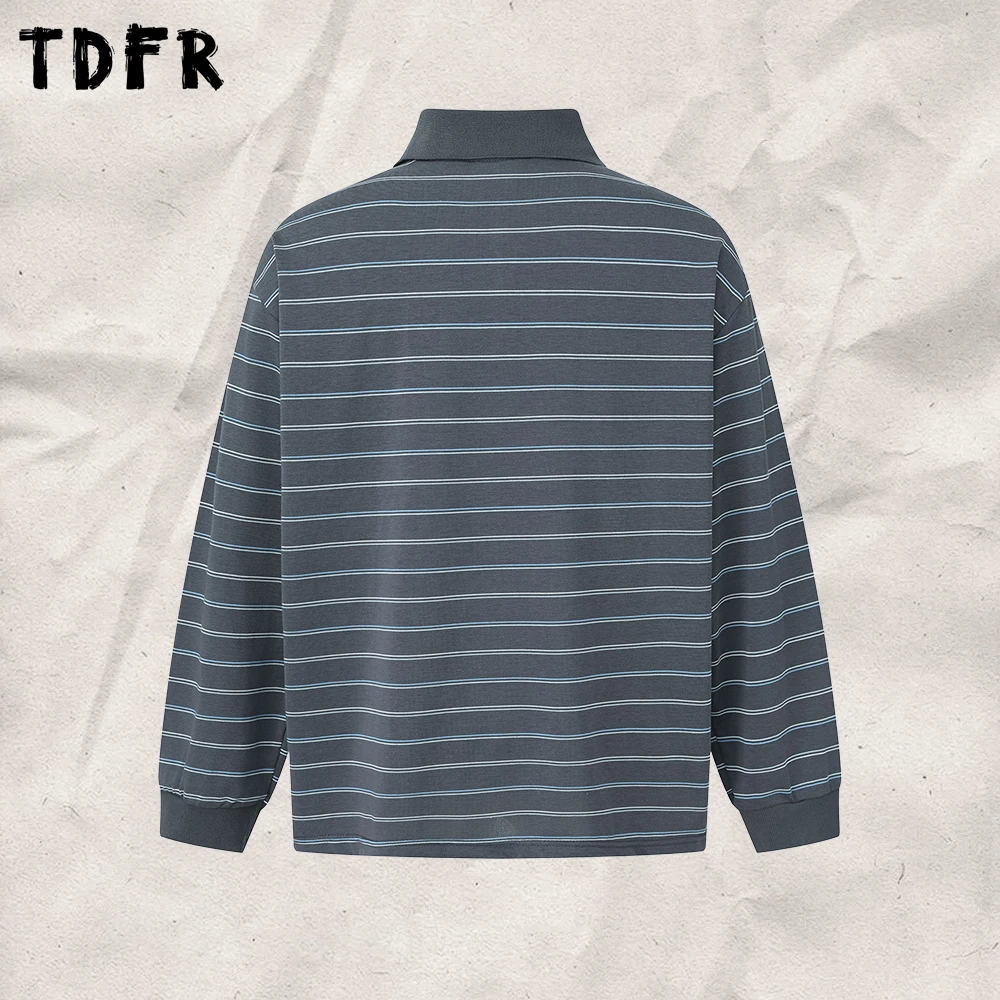 Horizontal Striped Polo Shirts Mens Autumn Retro Casual Loose Long Sleeve Cotton Tee Man