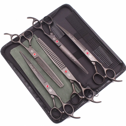 Imagen 2 del producto Kit de tijeras de aseo para perros dragón púrpura, tijeras rectas japonesas 440C de 8 "", tijeras curvas, tijeras de adelgazamiento para mascotas, Chunker de animales Z3015