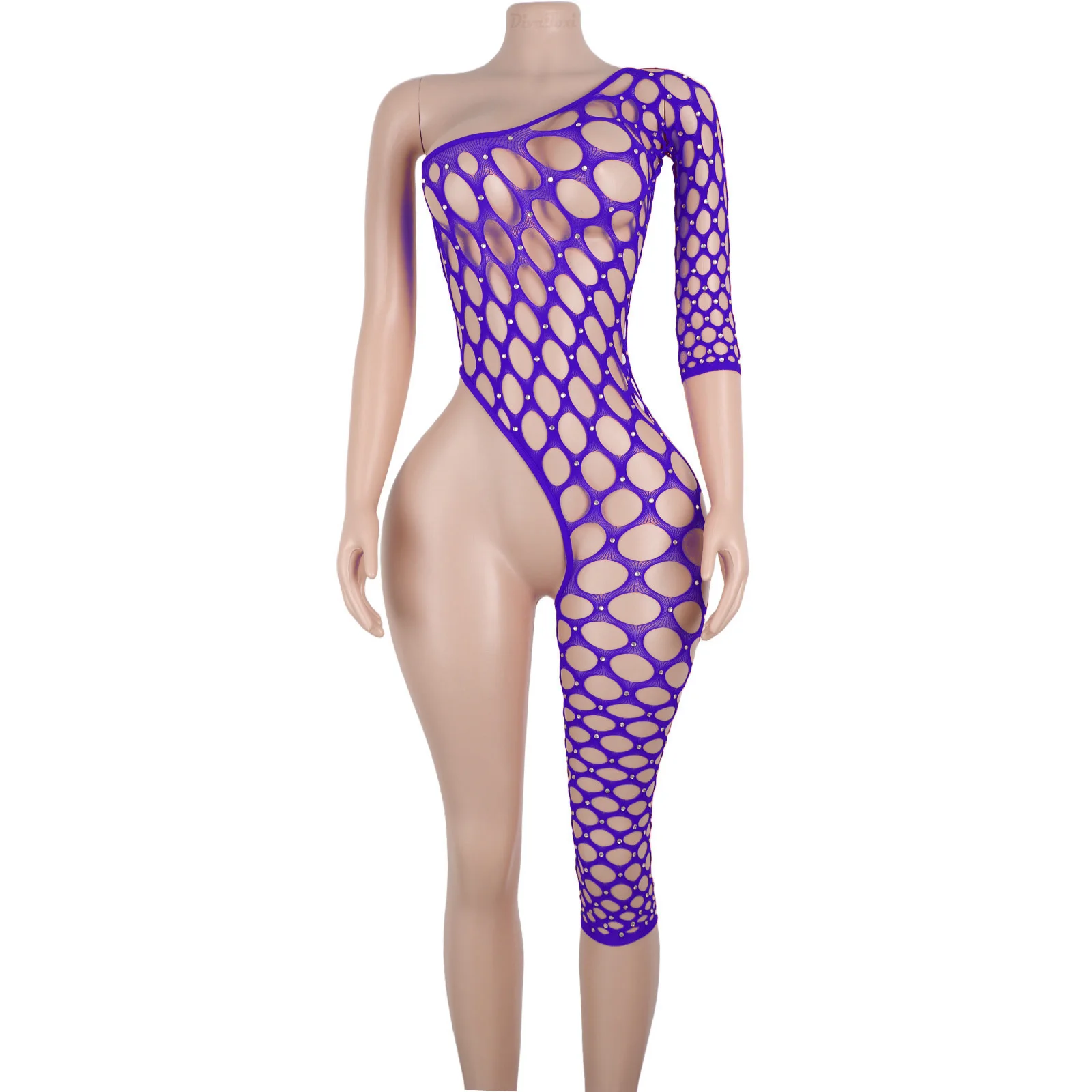 Ажурный комбинезон с вырезом, сетчатая экзотическая танцевальная одежда, брюки с длинными рукавами и стразами для девочек, эластичная одежда Go Go Pole, купальный костюм