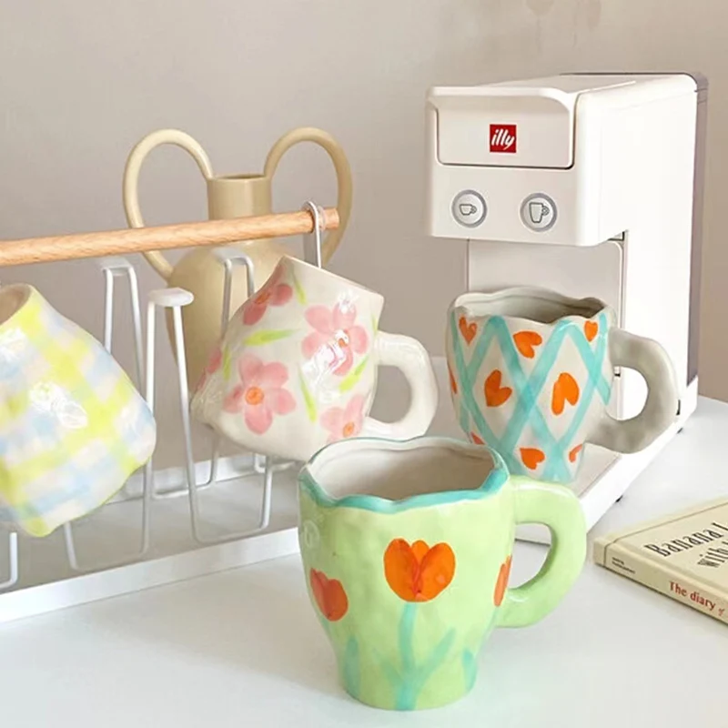 Hand-Painted Coffee Cups Ceramic Mug With Saucer Handle Colorful Delicate Design Home Decoration Garden Style Flower Elements