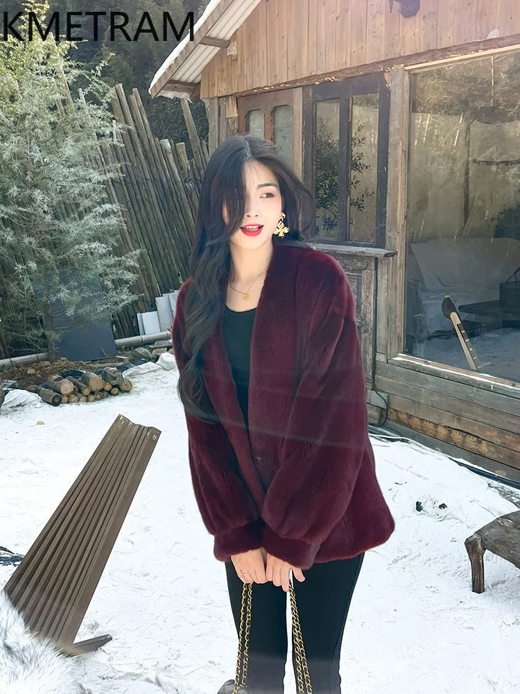 KMETRAM Samt-ähnliche 100% Natürliche Nerzpelz-Jacken Damen Mode V-Ausschnitt Echte Nerzpelz-Mantel Winterjacke Damenkleidung 2026