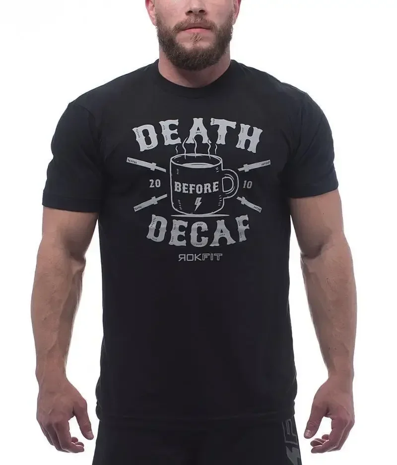 Newest Fashion Rokfit Death Before Decaf Black T-Shirt Weight Lifting Fitness100% Cotton Humor  Tee Shirts