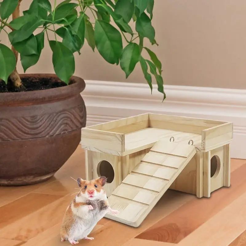 Hamster Hut Wood Wooden Chamber-Maze Hamster Hideout Exploring House With Funny Climbing Ladder Slide Secret Peep Shed Hamster