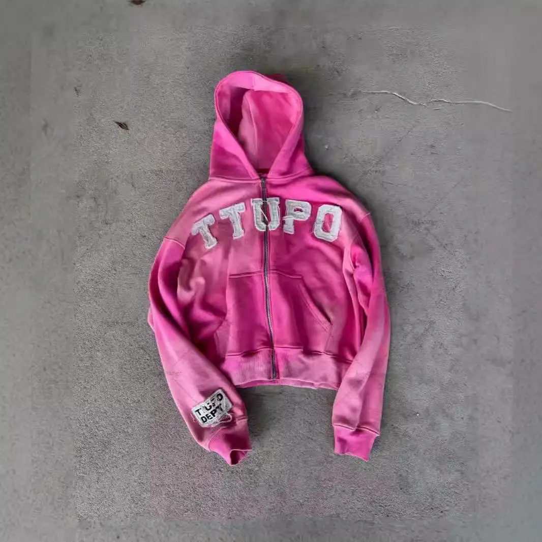 스트리트 슬레 커플 후디 Y2K 레트로 아메리칸 카모플라주 프린트 지퍼 재킷 롱 슬리브 폴리에스터 섬유 오픈 카디건